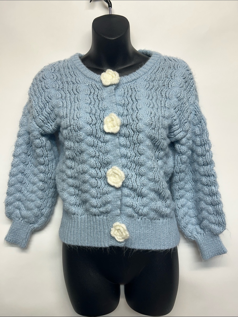 Light Blue Cable Knit Cardigan with White Flower Buttons hazel moon 14 large